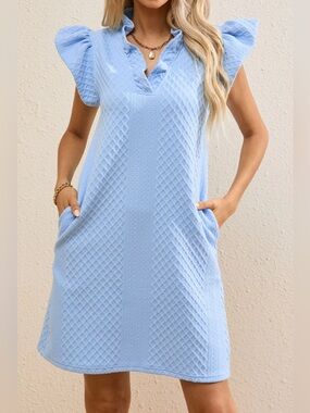 Women’s Textured Ruffled V-neck Cap Sleeve Shift Mini Dress Blue sz XL